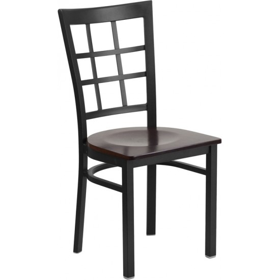 Black Window Back Metal Restaurant Chair - Walnut Wood Seat