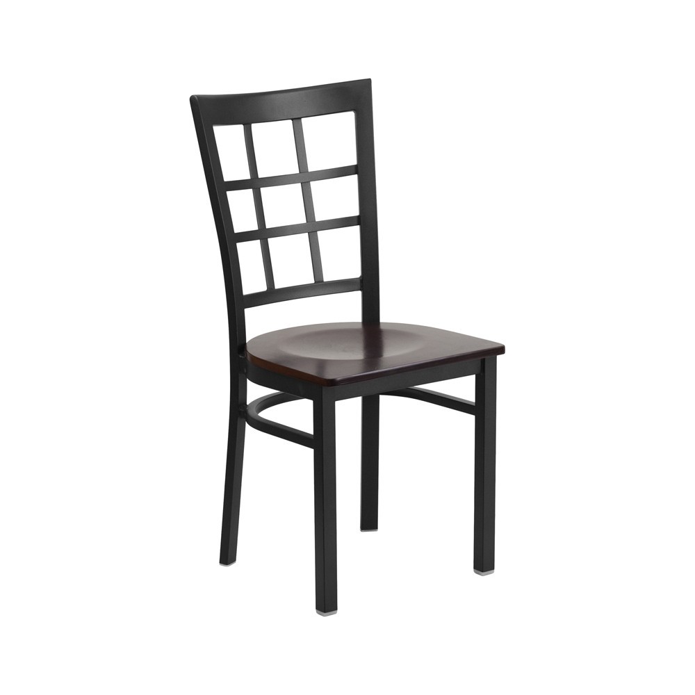 Black Window Back Metal Restaurant Chair - Walnut Wood Seat