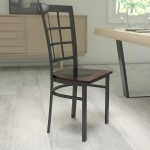 Black Window Back Metal Restaurant Chair - Walnut Wood Seat