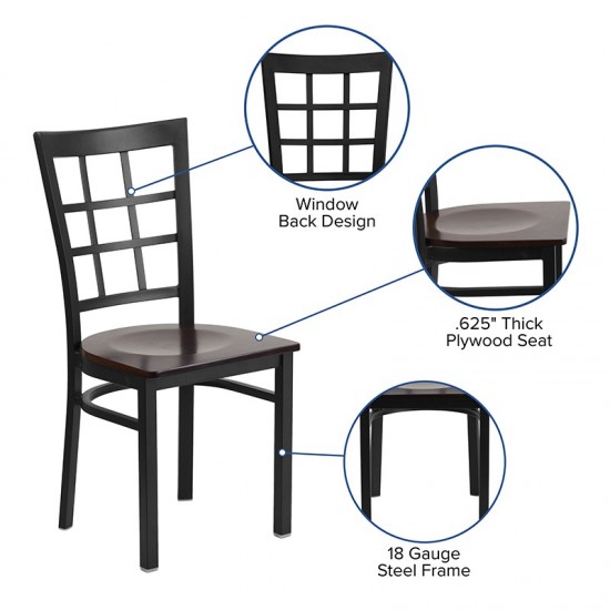 Black Window Back Metal Restaurant Chair - Walnut Wood Seat