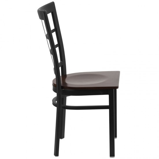 Black Window Back Metal Restaurant Chair - Walnut Wood Seat