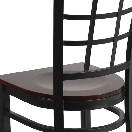 Black Window Back Metal Restaurant Chair - Walnut Wood Seat