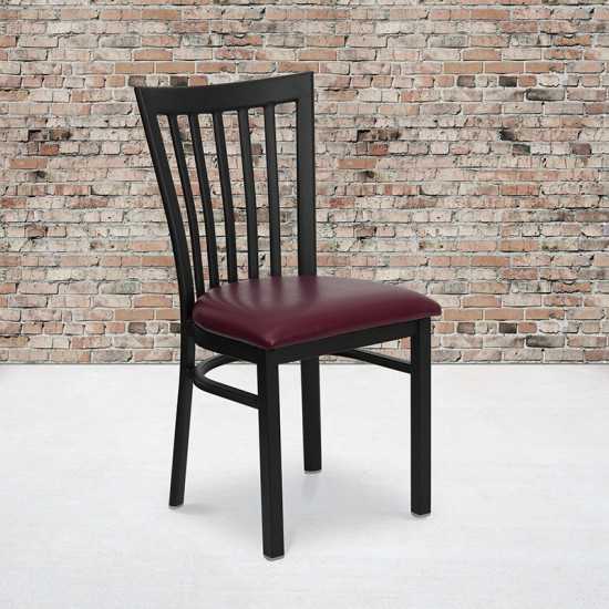 Black School House Back Metal Restaurant Chair - Burgundy Vinyl Seat