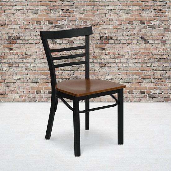 Black Three-Slat Ladder Back Metal Restaurant Chair - Cherry Wood Seat