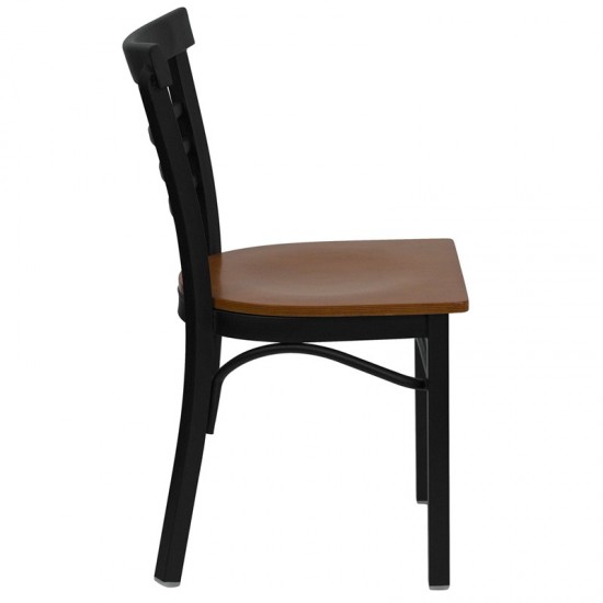 Black Three-Slat Ladder Back Metal Restaurant Chair - Cherry Wood Seat