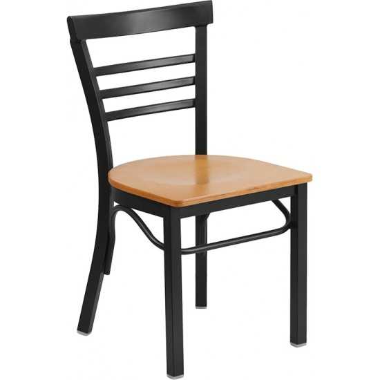 Black Three-Slat Ladder Back Metal Restaurant Chair - Natural Wood Seat