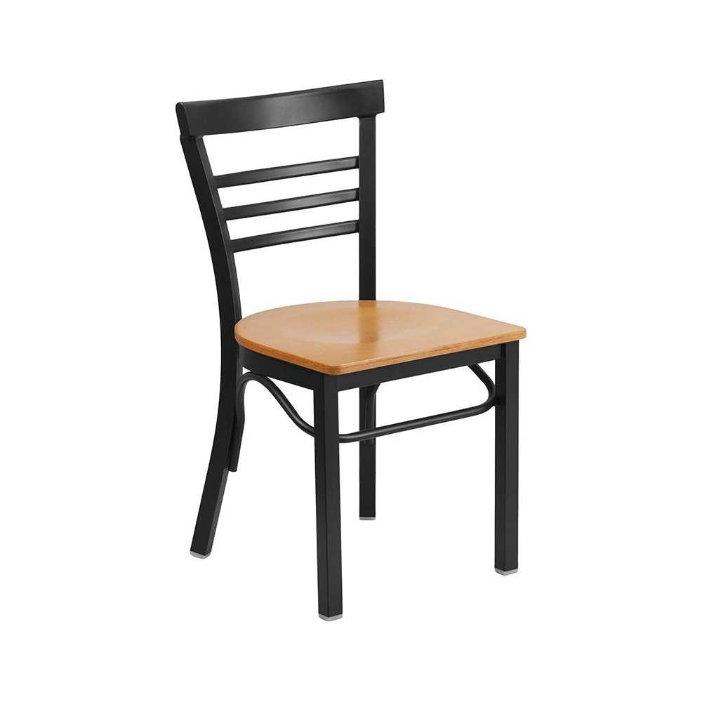 Black Three-Slat Ladder Back Metal Restaurant Chair - Natural Wood Seat