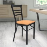 Black Three-Slat Ladder Back Metal Restaurant Chair - Natural Wood Seat