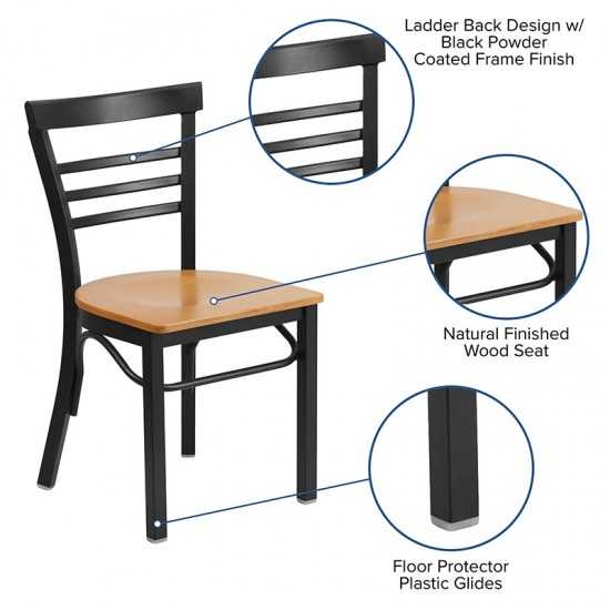 Black Three-Slat Ladder Back Metal Restaurant Chair - Natural Wood Seat