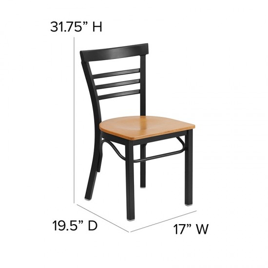 Black Three-Slat Ladder Back Metal Restaurant Chair - Natural Wood Seat