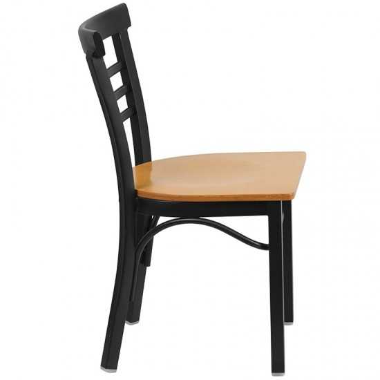 Black Three-Slat Ladder Back Metal Restaurant Chair - Natural Wood Seat