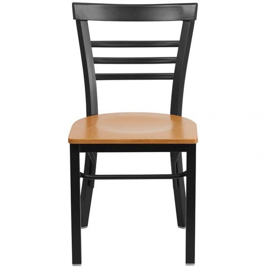 Black Three-Slat Ladder Back Metal Restaurant Chair - Natural Wood Seat