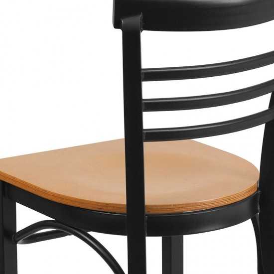 Black Three-Slat Ladder Back Metal Restaurant Chair - Natural Wood Seat