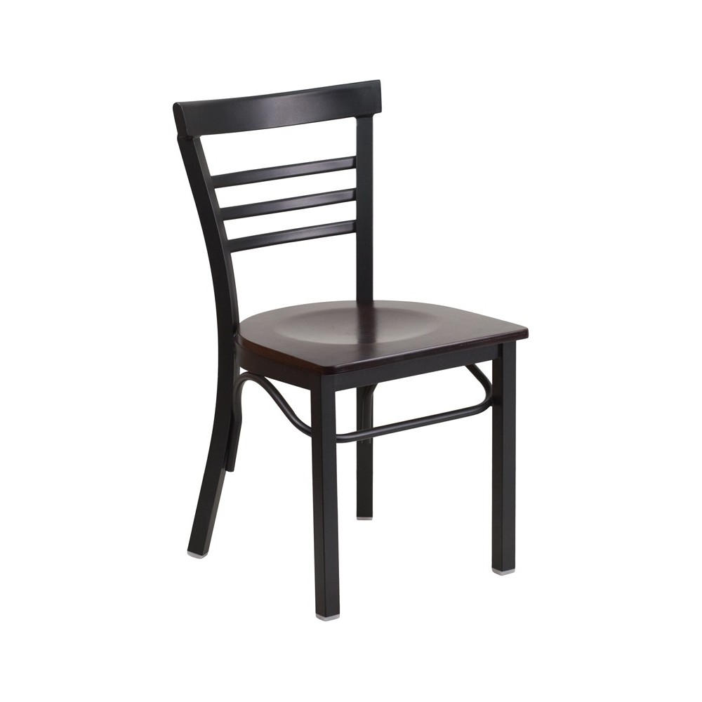 Black Three-Slat Ladder Back Metal Restaurant Chair - Walnut Wood Seat