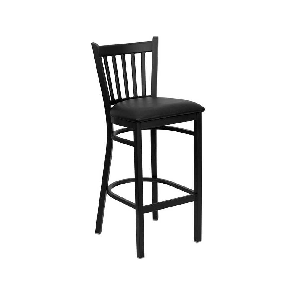 Black Vertical Back Metal Restaurant Barstool - Black Vinyl Seat