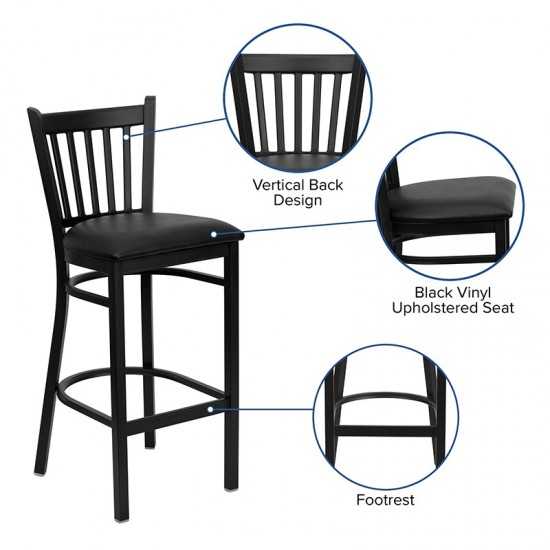 Black Vertical Back Metal Restaurant Barstool - Black Vinyl Seat