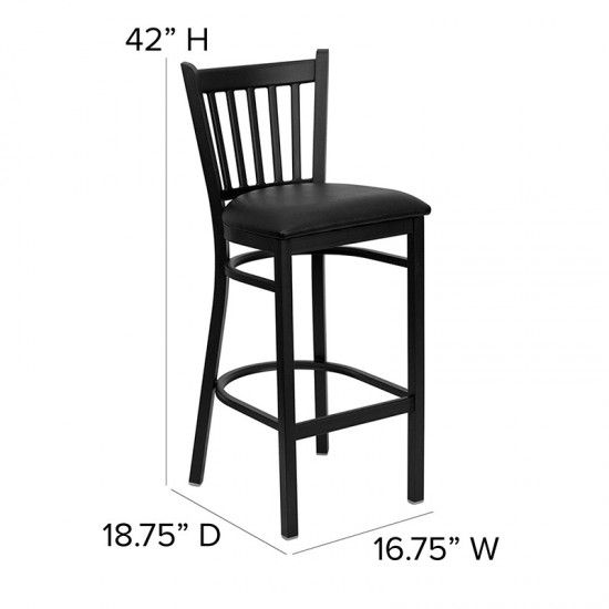 Black Vertical Back Metal Restaurant Barstool - Black Vinyl Seat