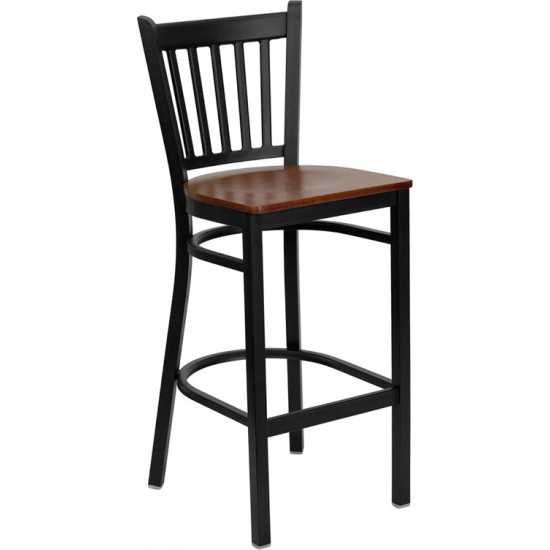 Black Vertical Back Metal Restaurant Barstool - Cherry Wood Seat