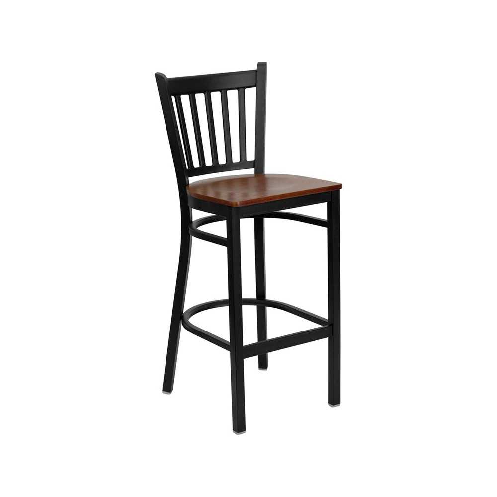 Black Vertical Back Metal Restaurant Barstool - Cherry Wood Seat
