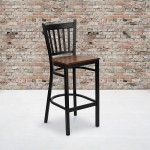 Black Vertical Back Metal Restaurant Barstool - Cherry Wood Seat