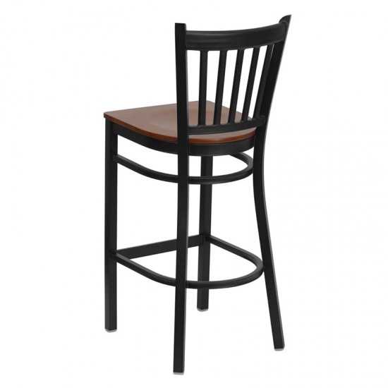 Black Vertical Back Metal Restaurant Barstool - Cherry Wood Seat