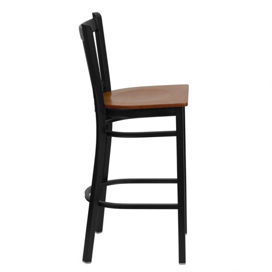 Black Vertical Back Metal Restaurant Barstool - Cherry Wood Seat