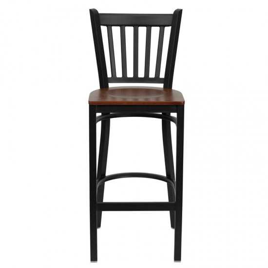 Black Vertical Back Metal Restaurant Barstool - Cherry Wood Seat