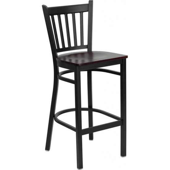 Black Vertical Back Metal Restaurant Barstool - Mahogany Wood Seat