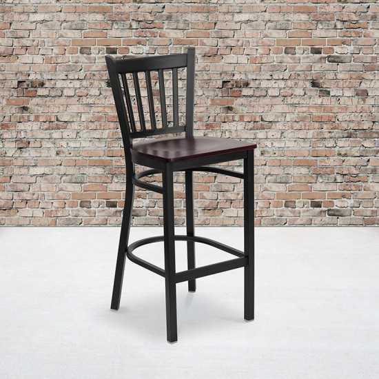 Black Vertical Back Metal Restaurant Barstool - Mahogany Wood Seat