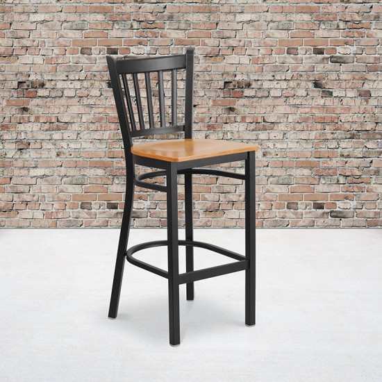 Black Vertical Back Metal Restaurant Barstool - Natural Wood Seat