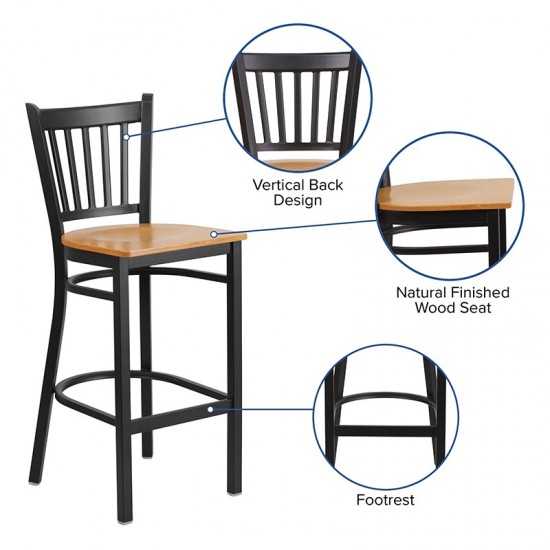 Black Vertical Back Metal Restaurant Barstool - Natural Wood Seat