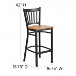 Black Vertical Back Metal Restaurant Barstool - Natural Wood Seat