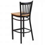 Black Vertical Back Metal Restaurant Barstool - Natural Wood Seat