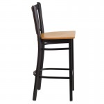 Black Vertical Back Metal Restaurant Barstool - Natural Wood Seat