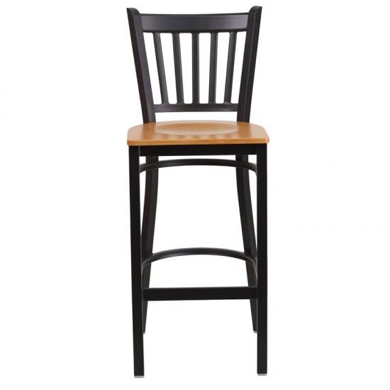 Black Vertical Back Metal Restaurant Barstool - Natural Wood Seat