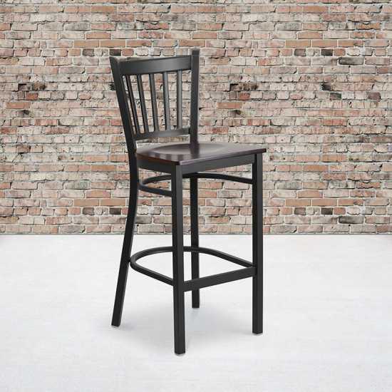 Black Vertical Back Metal Restaurant Barstool - Walnut Wood Seat