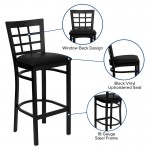 Black Window Back Metal Restaurant Barstool - Black Vinyl Seat