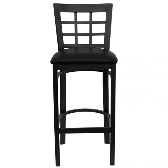 Black Window Back Metal Restaurant Barstool - Black Vinyl Seat