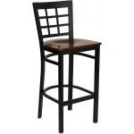 Black Window Back Metal Restaurant Barstool - Mahogany Wood Seat