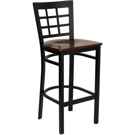 Black Window Back Metal Restaurant Barstool - Mahogany Wood Seat