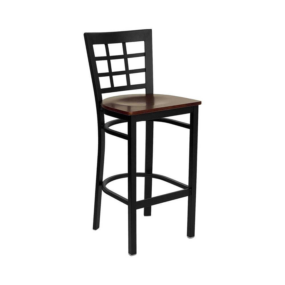 Black Window Back Metal Restaurant Barstool - Mahogany Wood Seat