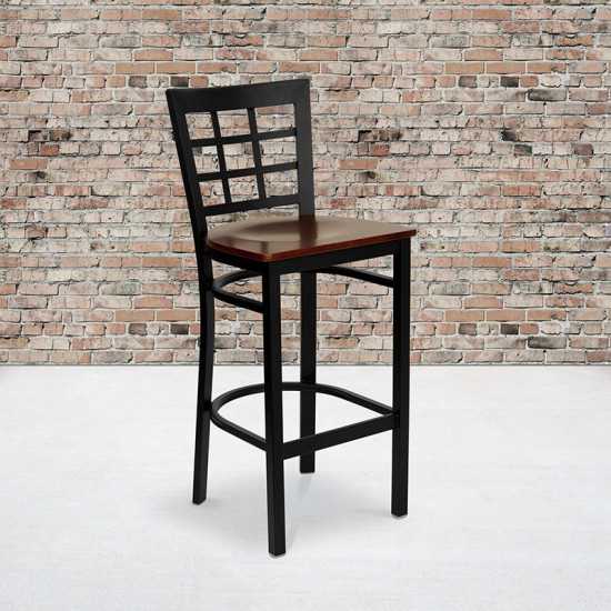 Black Window Back Metal Restaurant Barstool - Mahogany Wood Seat