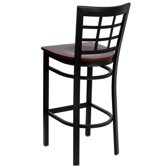 Black Window Back Metal Restaurant Barstool - Mahogany Wood Seat