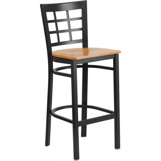 Black Window Back Metal Restaurant Barstool - Natural Wood Seat