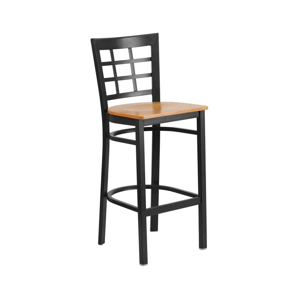 Black Window Back Metal Restaurant Barstool - Natural Wood Seat