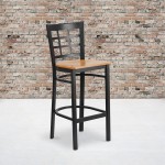 Black Window Back Metal Restaurant Barstool - Natural Wood Seat