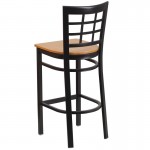 Black Window Back Metal Restaurant Barstool - Natural Wood Seat