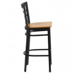 Black Window Back Metal Restaurant Barstool - Natural Wood Seat