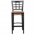 Black Window Back Metal Restaurant Barstool - Natural Wood Seat