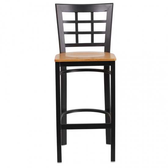 Black Window Back Metal Restaurant Barstool - Natural Wood Seat